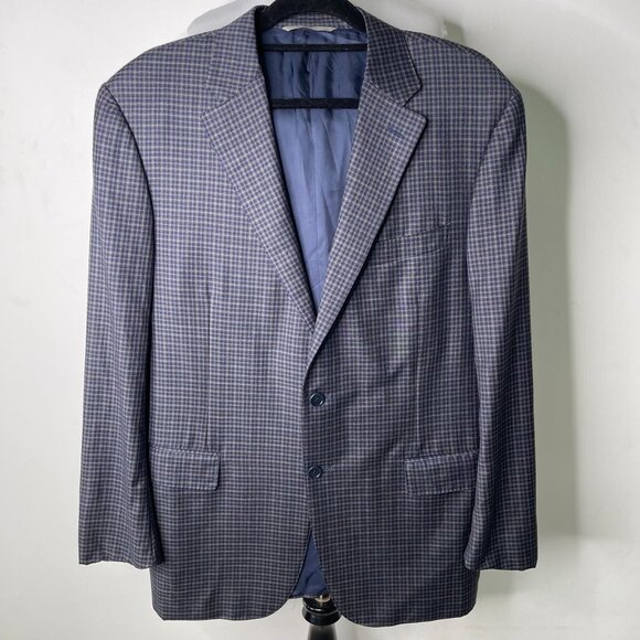 Canali Men's Blue Two Button Front 100% Wool Checkered Blazer Size 44 - Picture 1 of 9